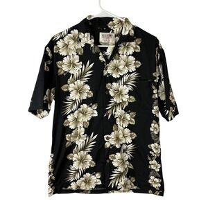 Waikiki Fashion Hawaii Mens Medium Black Floral Hibiscus Cotton Aloha Camp Shirt